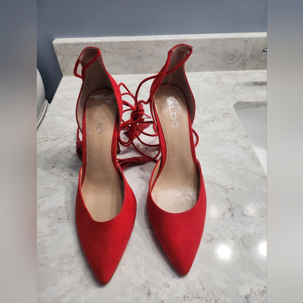 Aldo Red Lace-Up Suede Heels